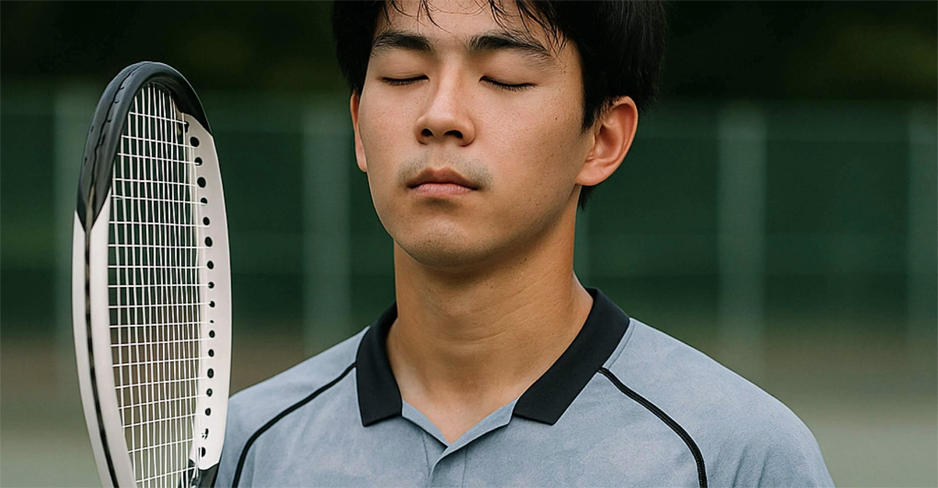 Tennis player mentally rehearsing a serve before returning to physical practice.