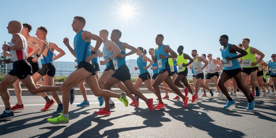 Marathon runners maintaining their stride during a long-distance road race.
